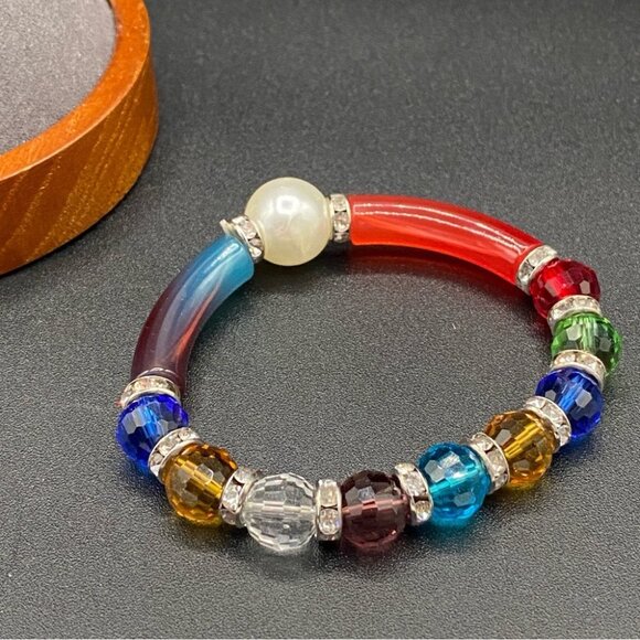 Little Studs Jewelry - Vibrant Crystal Glass Beads and Ombre Lucite Stretch Bracelet